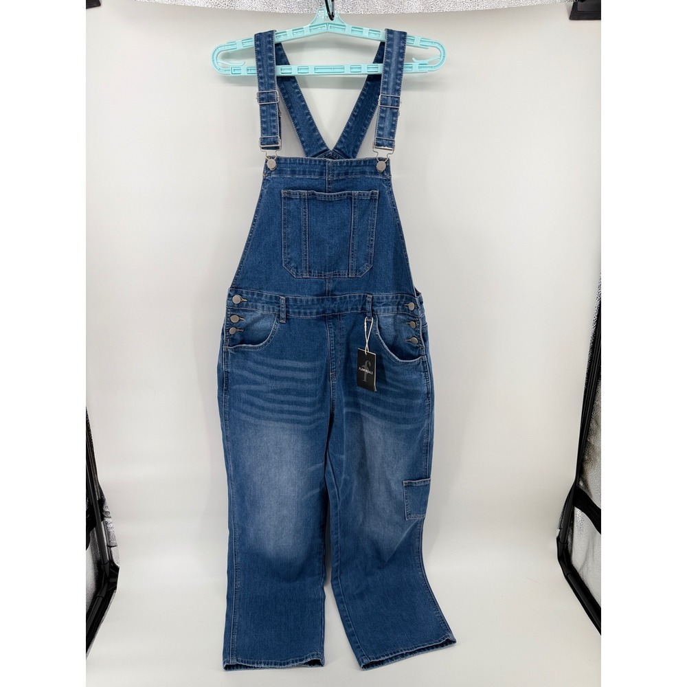 Flamingals Womens Denim Overalls Medium Wash Carpenter Utility Bib Jumpsuit NEW